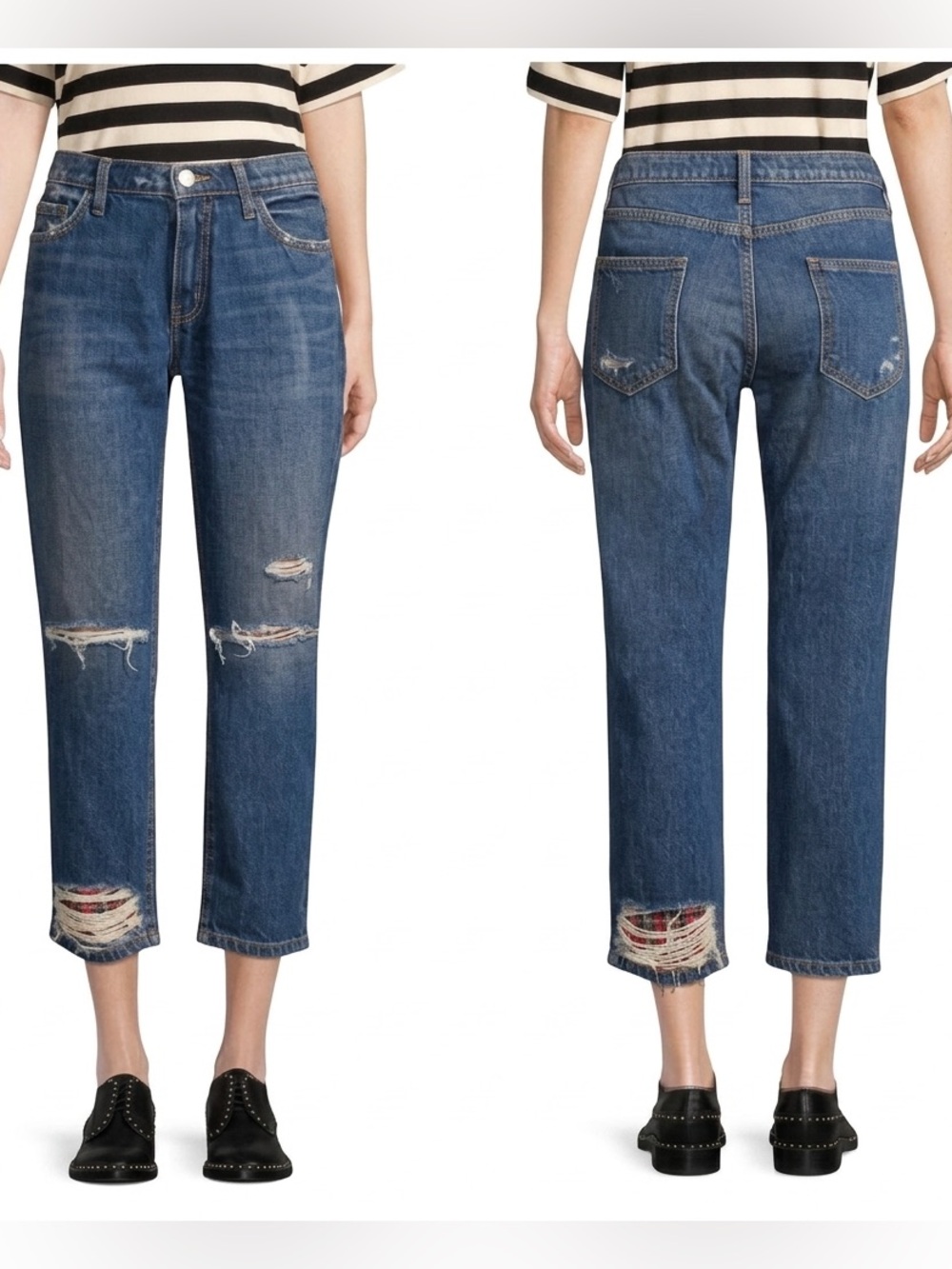 Current Elliott Repaired Fling Boyfriend Jeans 28 Plaid Distressed Becker Rip